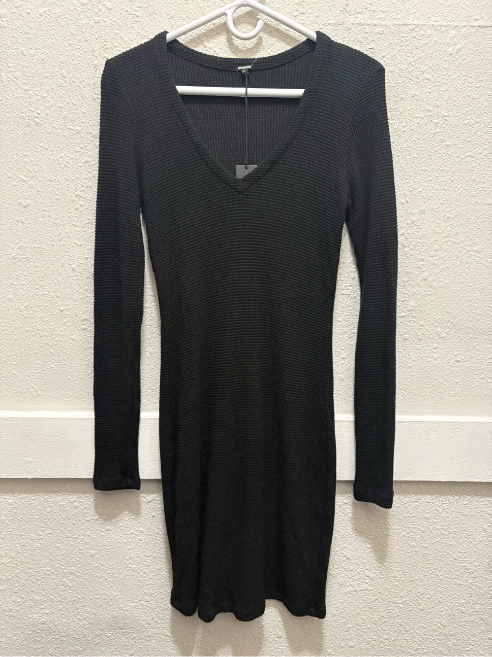 Monrow Waffle Knit Brushed Thermal Long Sleeve Dress in Black NWT M